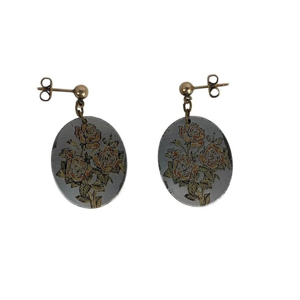 Reed & Barton Damascene Hanging Oval Pierced Earrings Roses Cottage Shabby Chic